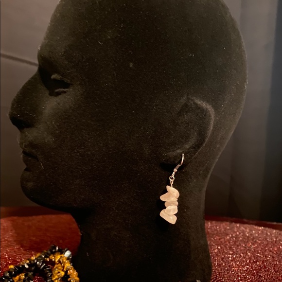 Hand Crafted Earrings Rose Quartz Stacked Chip Natural Pink Stones Pierced - Picture 2 of 4